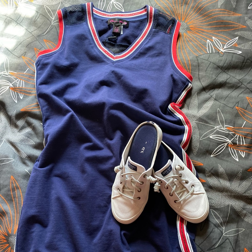 Sz M🇨🇦NWT Elena Wang Blue White & Red Trimmed Sleeveless Sporty Dress PTP 18”